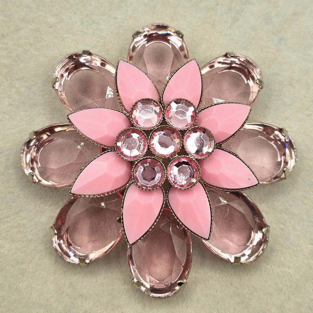 Vintage Pink Rhinestone Flower Brooch Layered Pastel Floral Statement 2.5" Pin